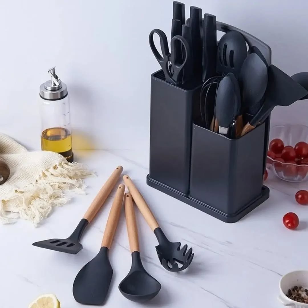 19-Pcs Kitchen Cooking Utensils & Knife Set with Block Holder & Cutting Board