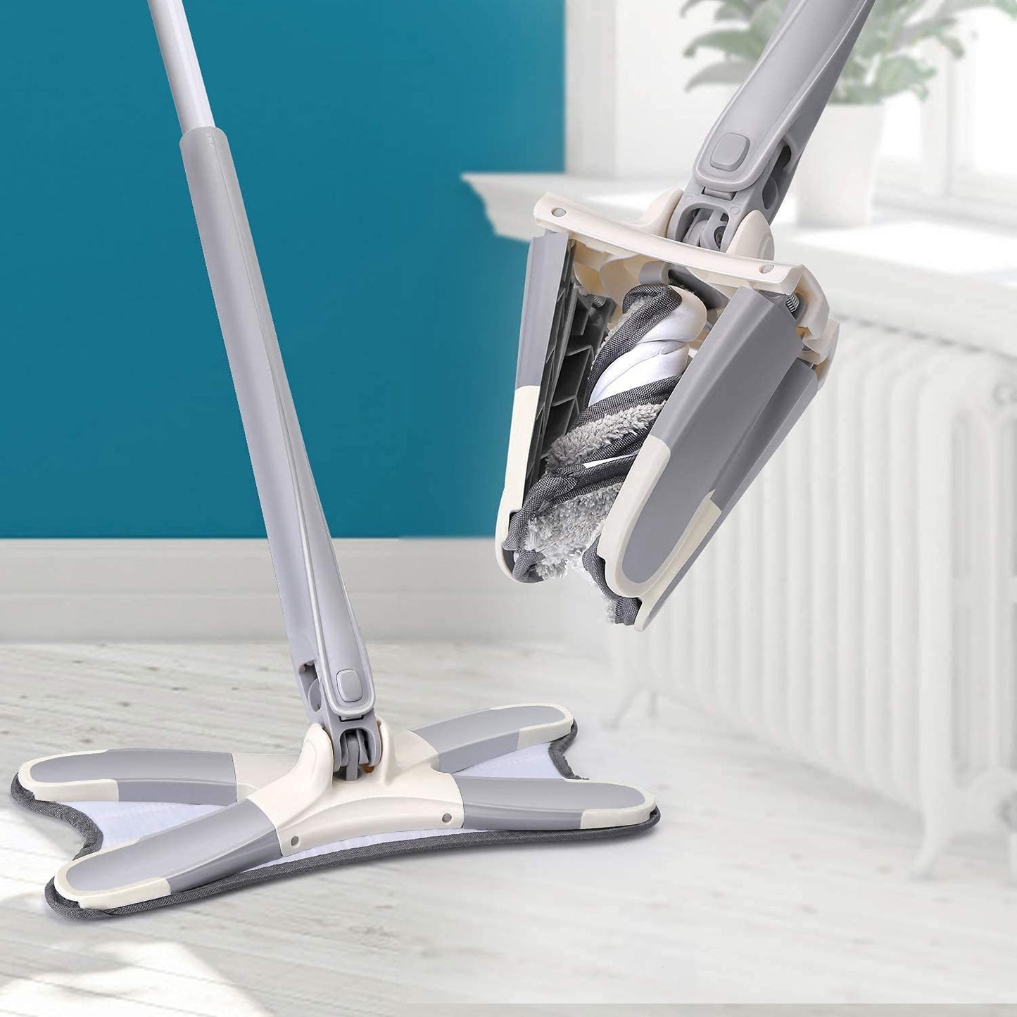 Rotating X Mop Flat Microfiber Floor Mop with 360° Squeeze System and Replaceable Cloth