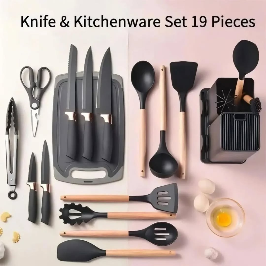19-Pcs Kitchen Cooking Utensils & Knife Set with Block Holder & Cutting Board