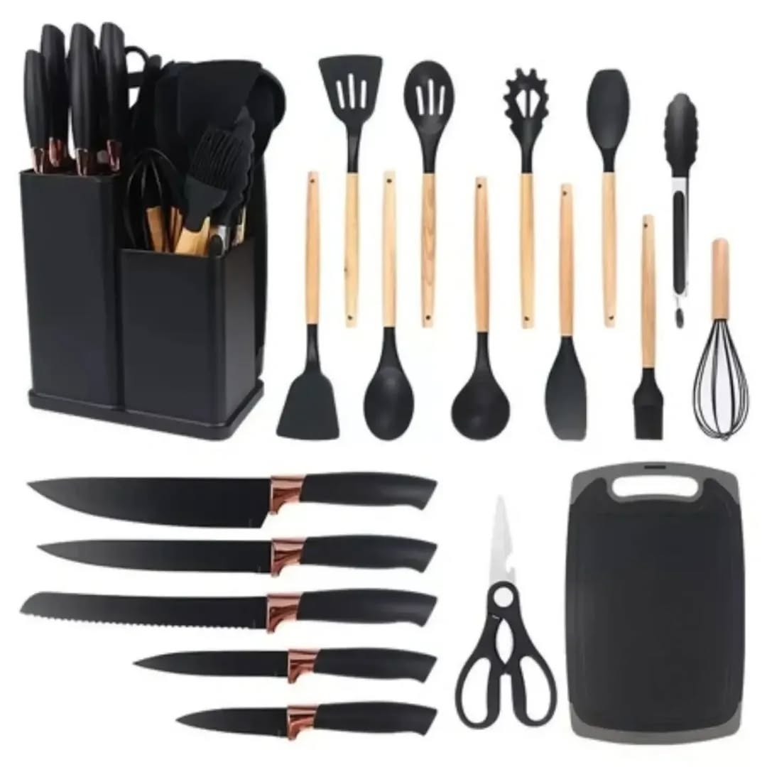 19-Pcs Kitchen Cooking Utensils & Knife Set with Block Holder & Cutting Board